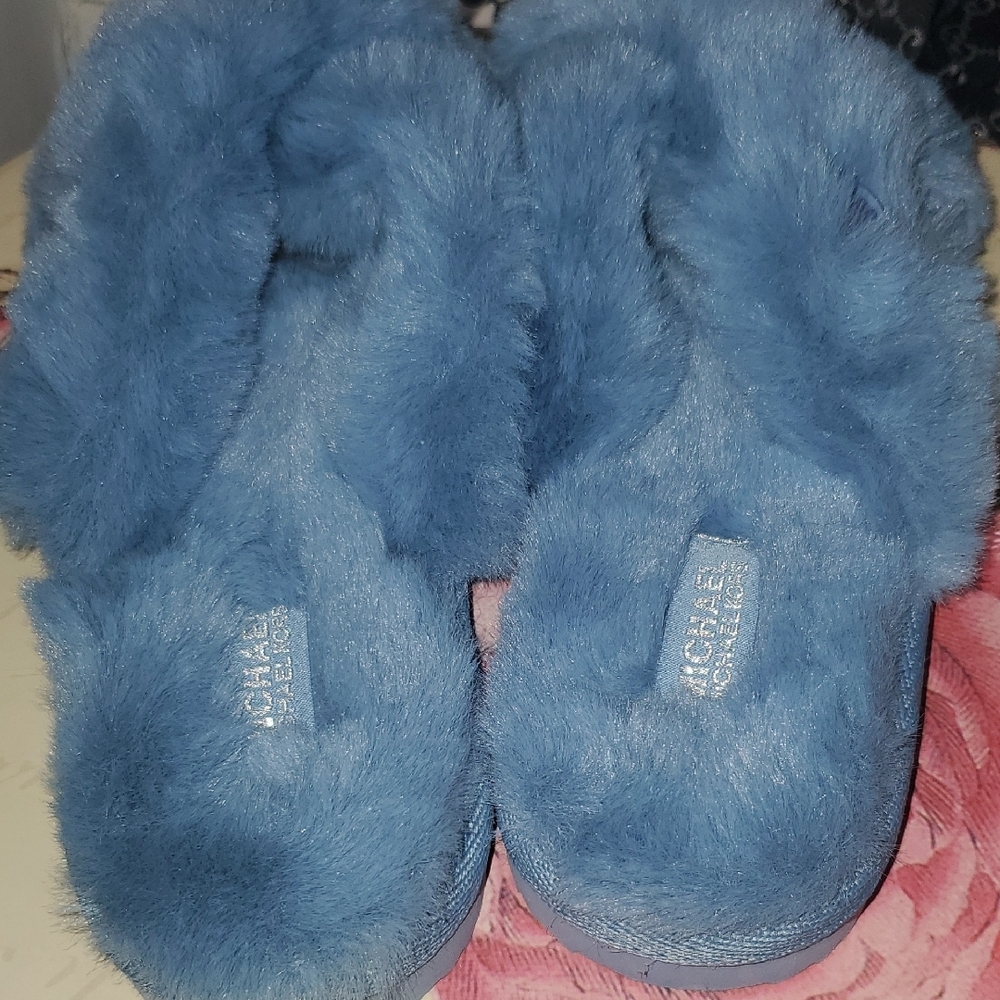 New Michael M. Kors Lala Blue Fur Crisscross Slide Slippers Size 10 - Picture 8 of 9